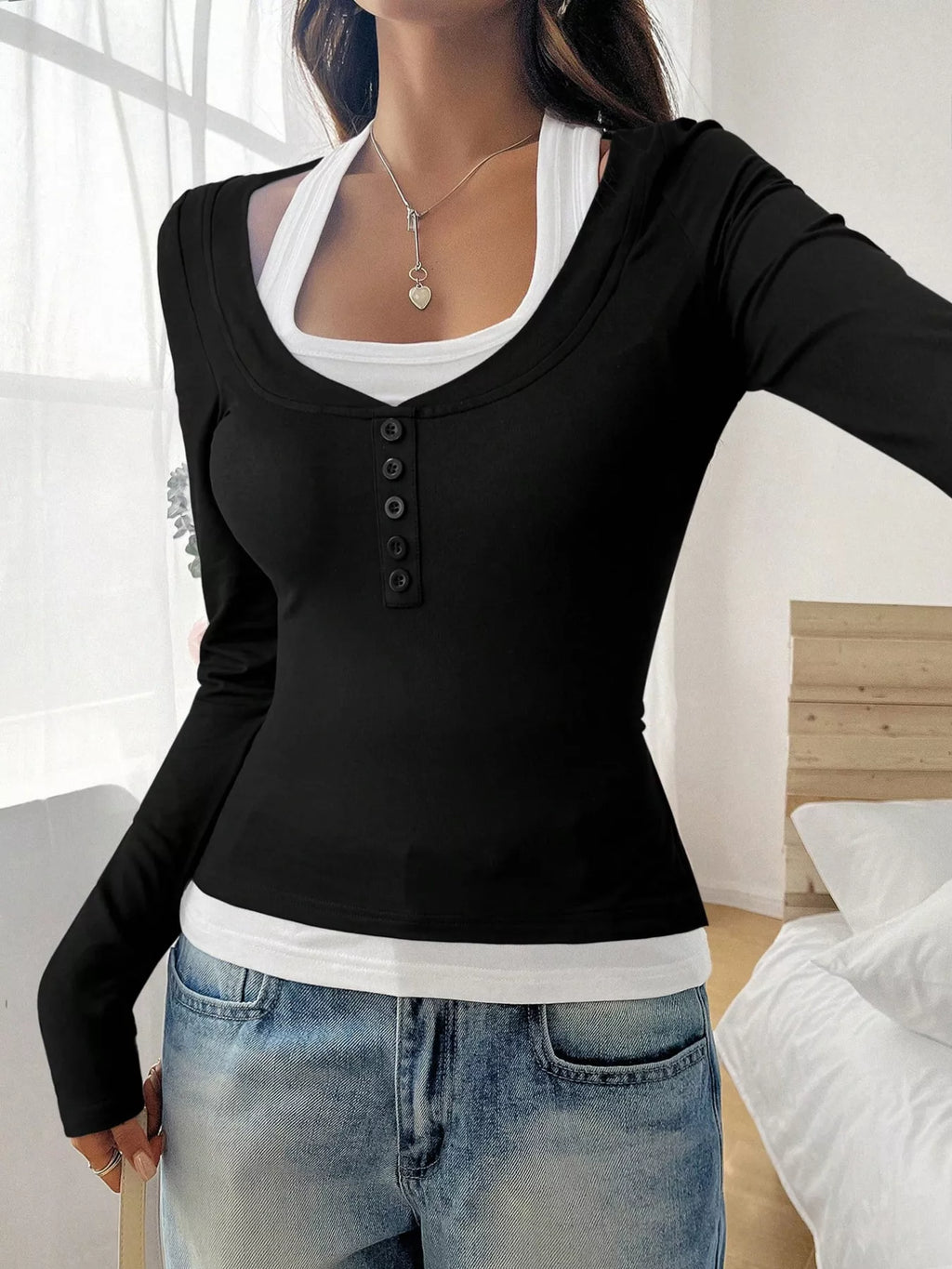 Scoop Neck Fake Two-Piece T-Shirt
