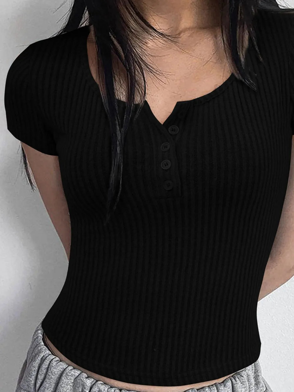 Ribbed Button Detail Round Neck Short Sleeve T-Shirt