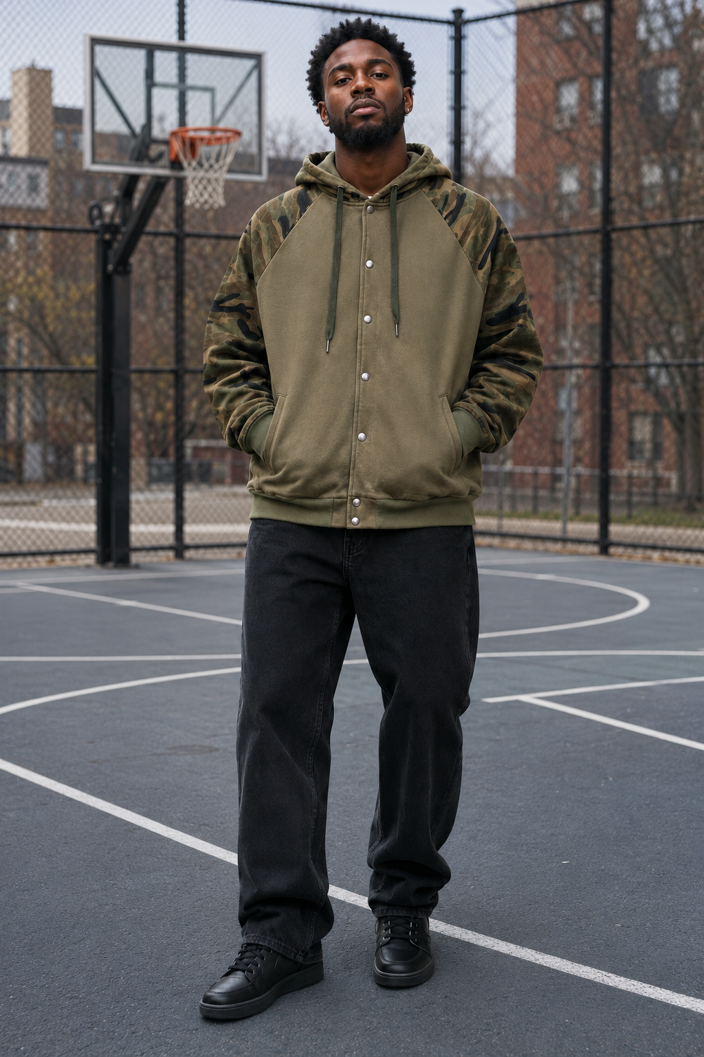 Streetwear Unisex Camo-Splice Raglan Zip Hoodie