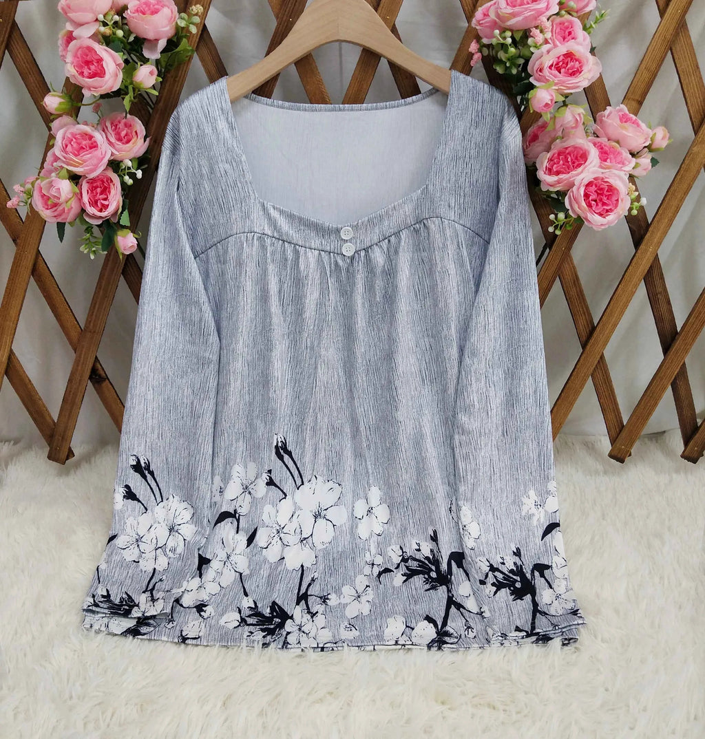 Women's Square Neck Printed Long Sleeve Top