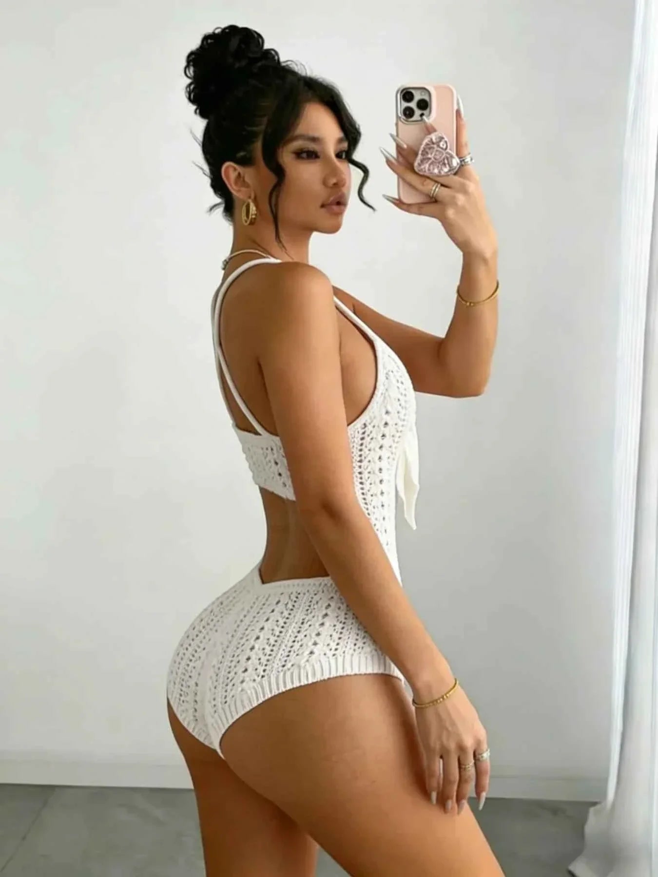Boho Crochet Romper: White, Front Tie, Backless