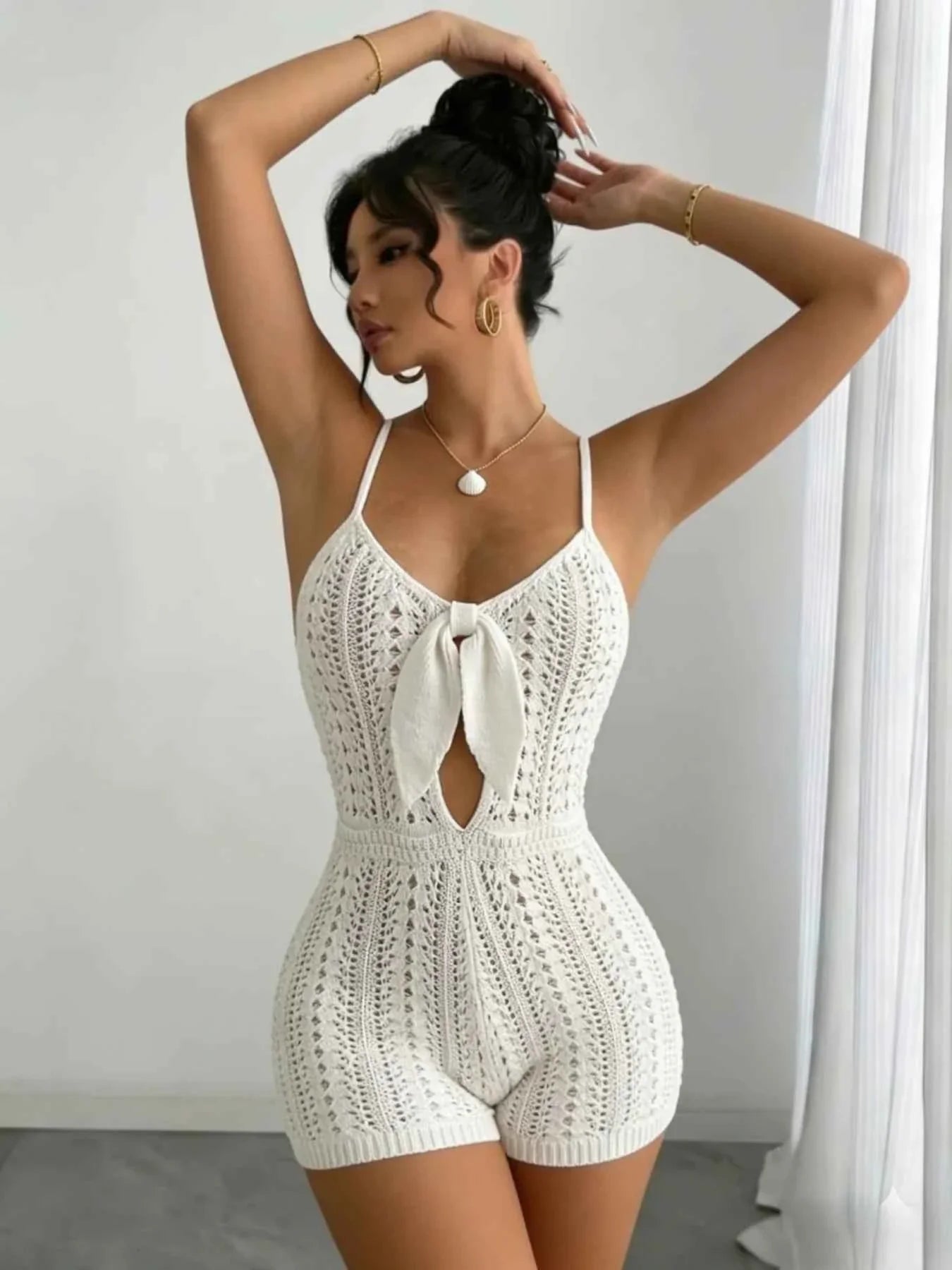 Boho Crochet Romper: White, Front Tie, Backless