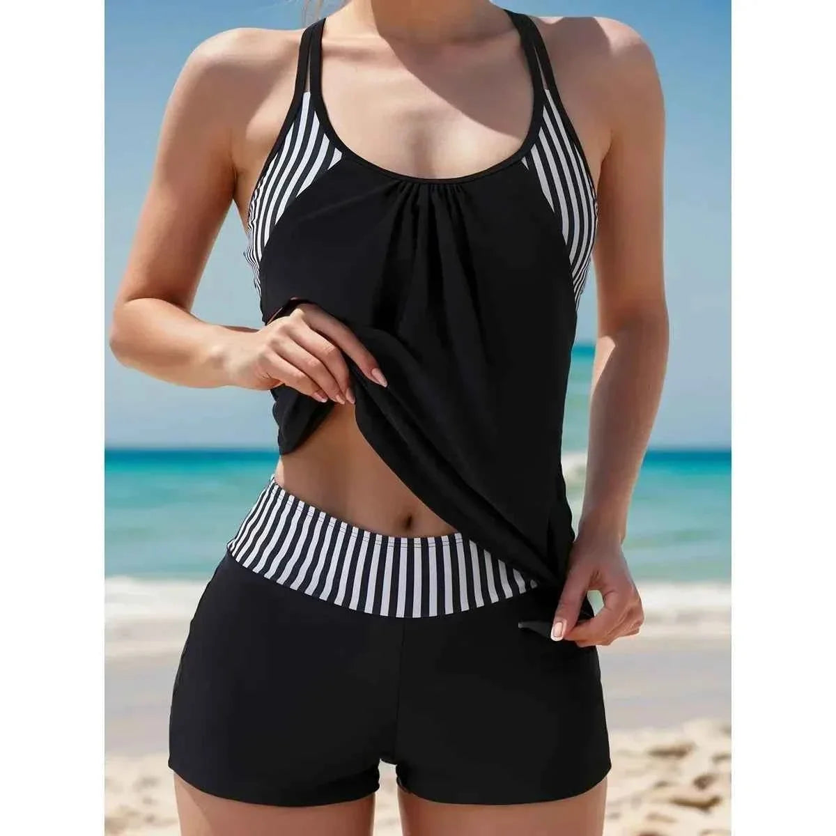 Women's Striped Cross-Back Tankini Set