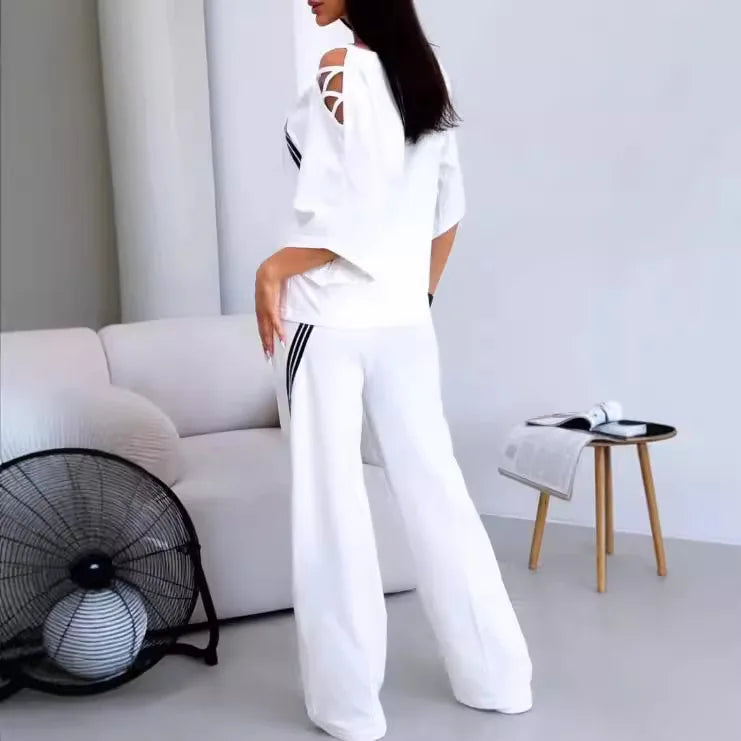 Women's White Sports Shirt+casual Pants Cotton