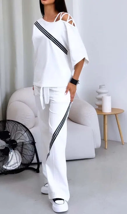 Women's White Sports Shirt+casual Pants Cotton