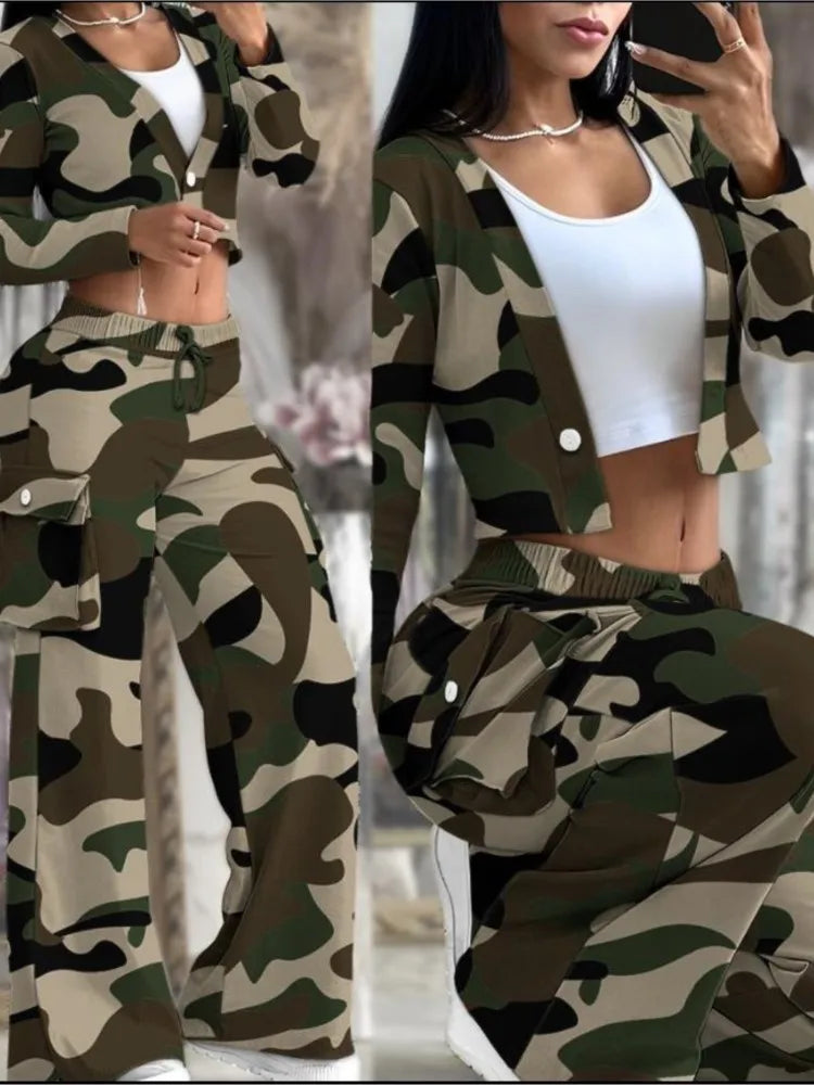 Camo Button Crop Top & Pants Tracksuit Set