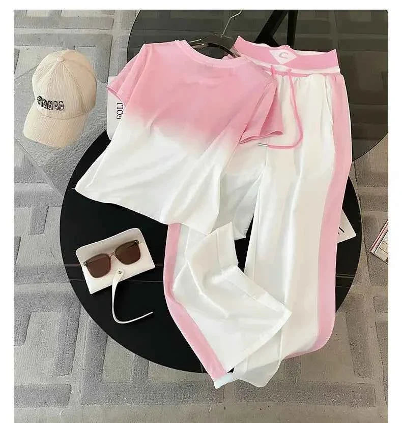 Gradient Short Sleeve & Wide Leg Pants Set