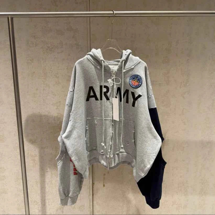 Patchwork Army Vintage Damaged Hoodie