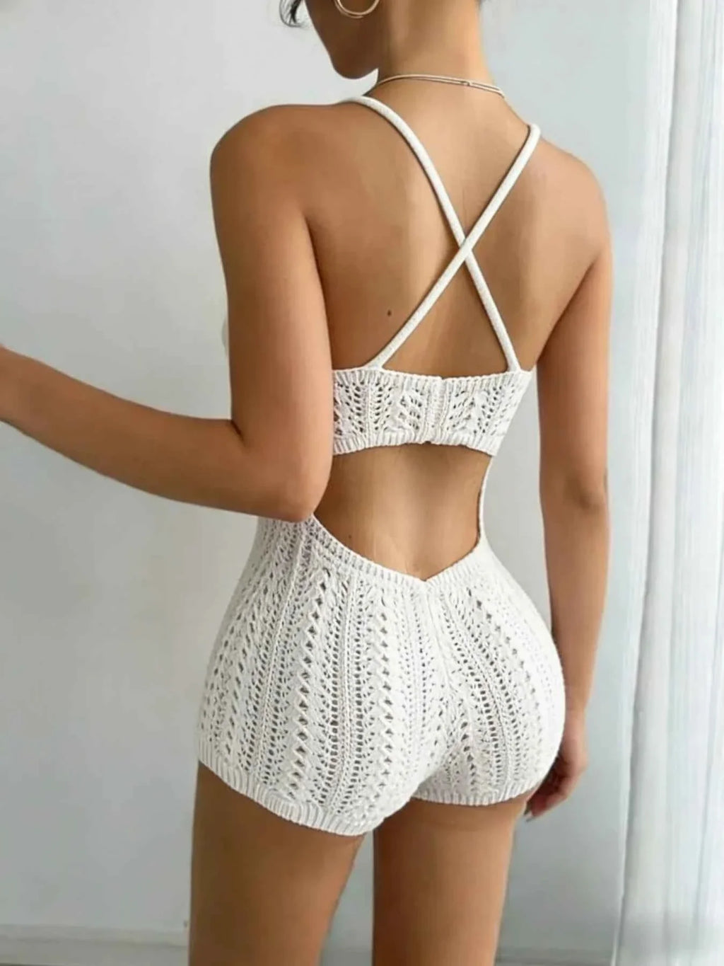 Boho Crochet Romper: White, Front Tie, Backless