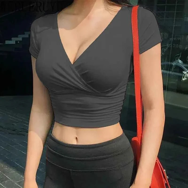 Vivid V-Neck: Y2K Black Crop Top Corset Tee
