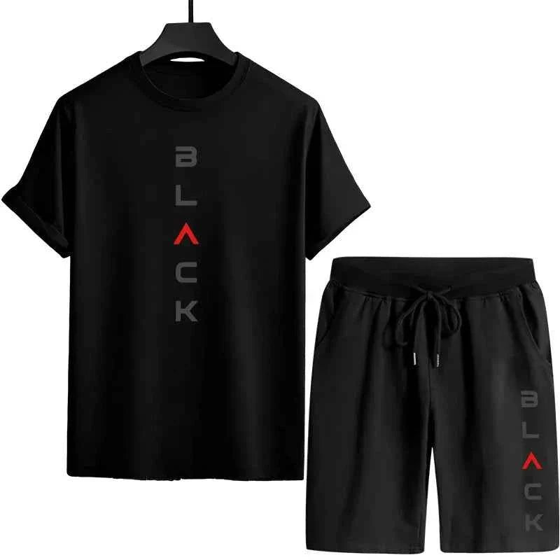 Men's Black Letter Print Summer Short Set
