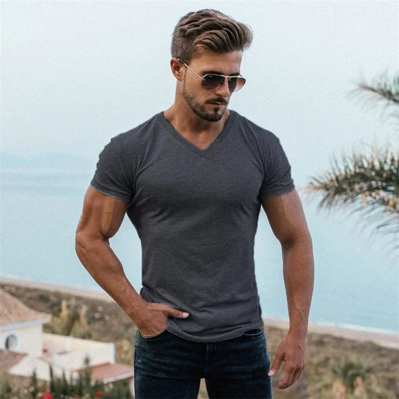 Men Fashion V Neck Short Sleeve Fitness Workout Summer Breathable Cotton