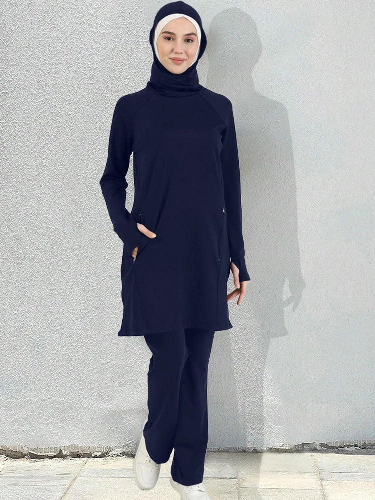 Sporty Muslim Sportswear Women Set Plain Islamic Pants Tops（contain Hijab)