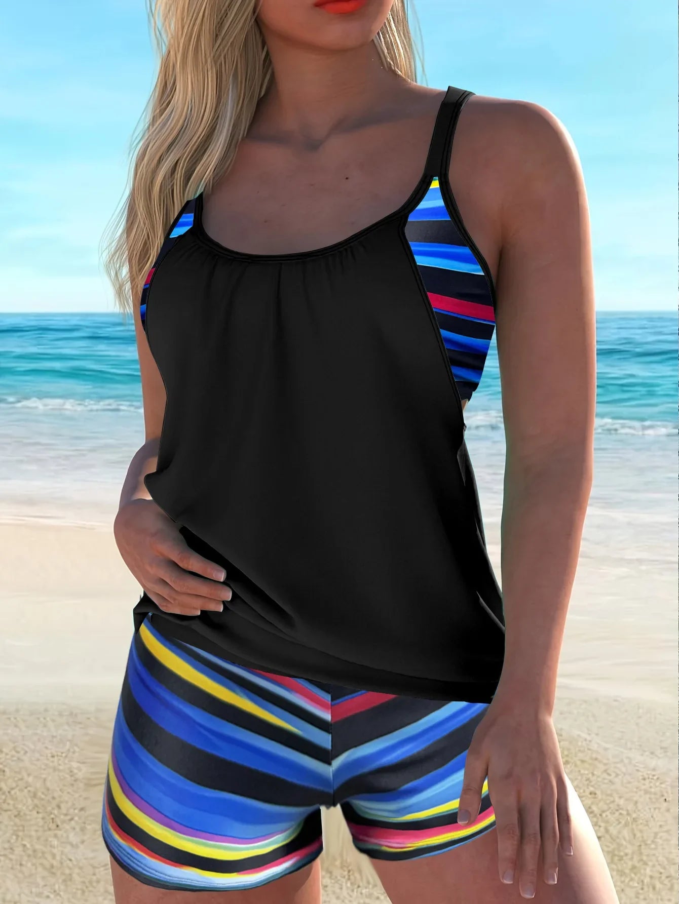 Women's Striped Cross-Back Tankini Set