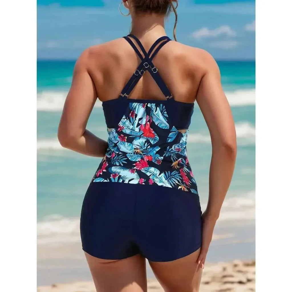 Women's Striped Cross-Back Tankini Set