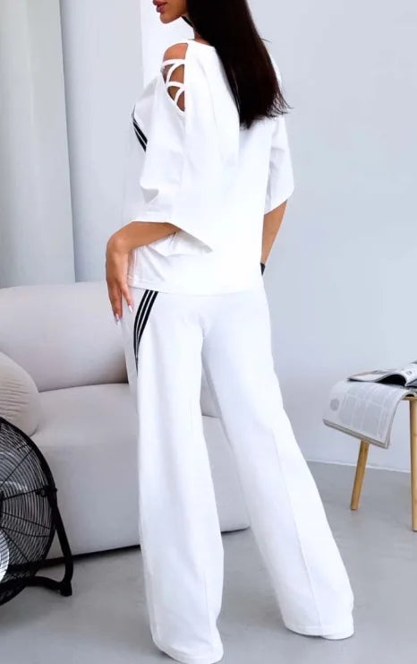 Women's White Sports Shirt+casual Pants Cotton