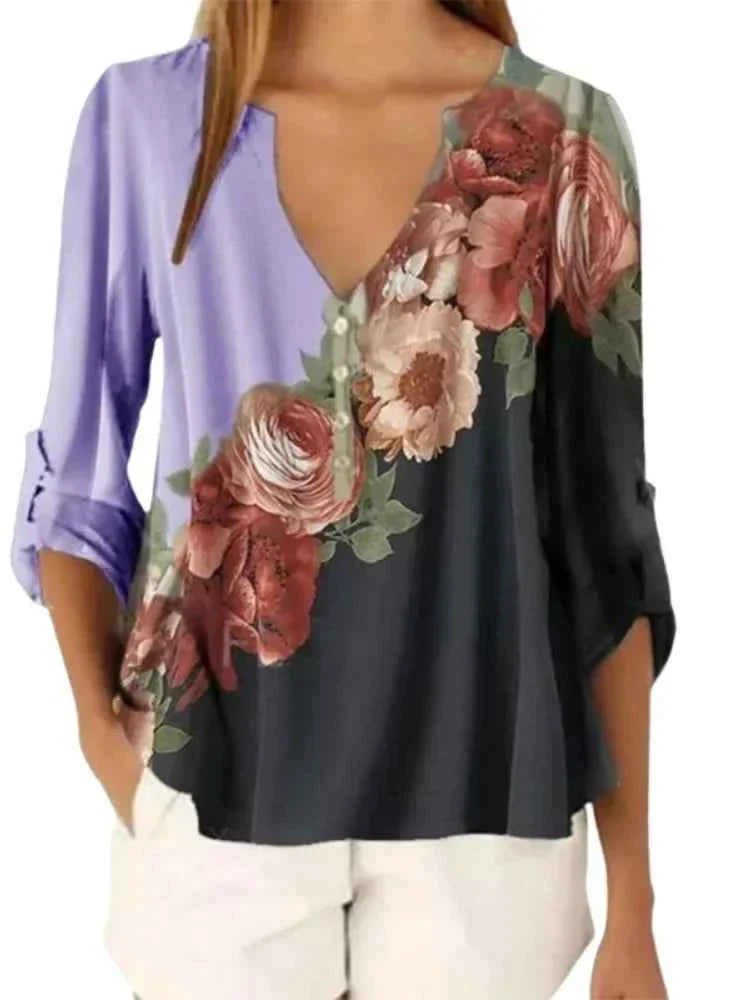 Summer Floral V-Neck 3/4 Sleeve Loose T-Shirt