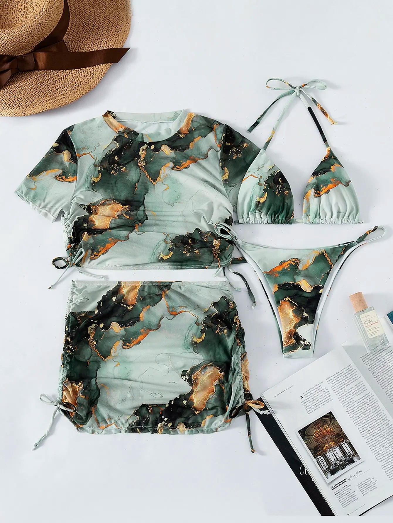 Marble Print 4-Piece Halter Bikini Set