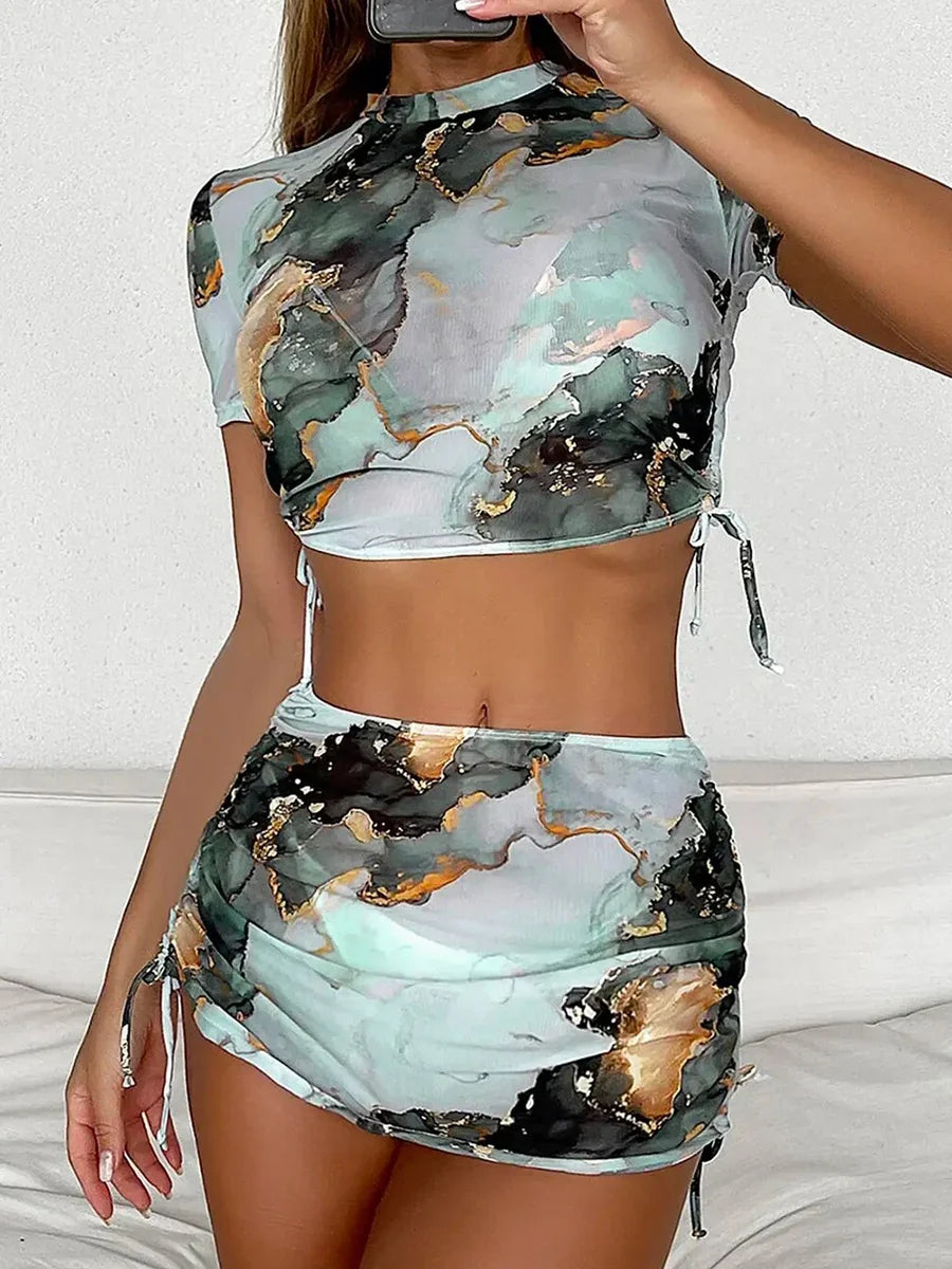 Marble Print 4-Piece Halter Bikini Set
