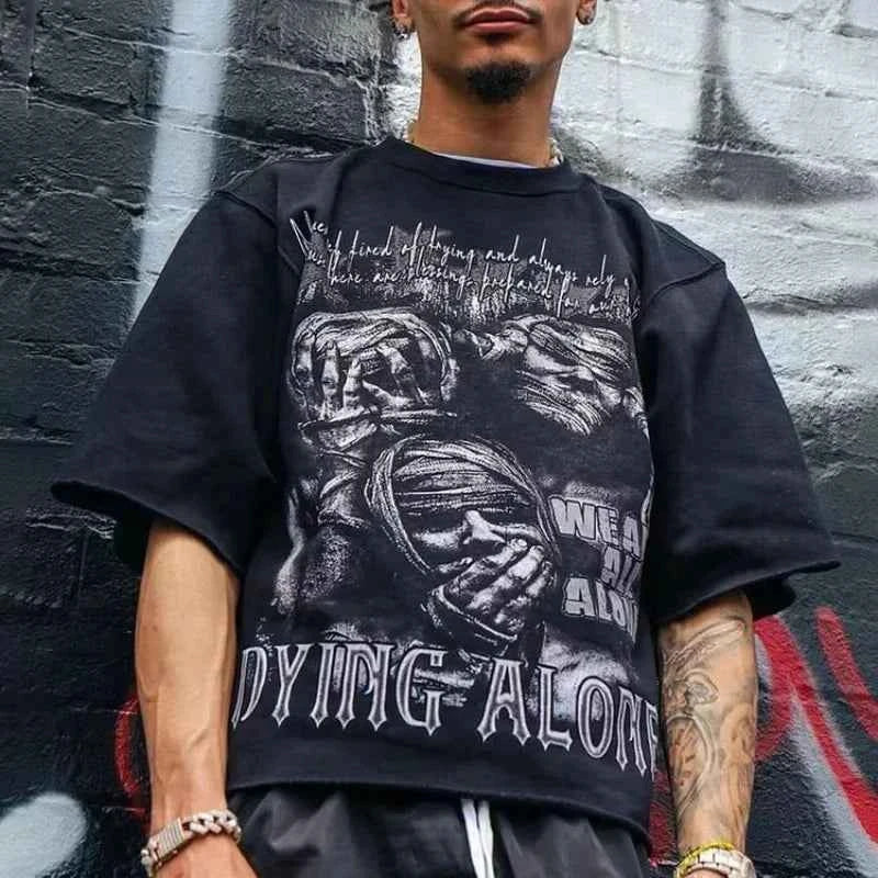 M3en's Abstract Face Print Oversized Streetwear Tee