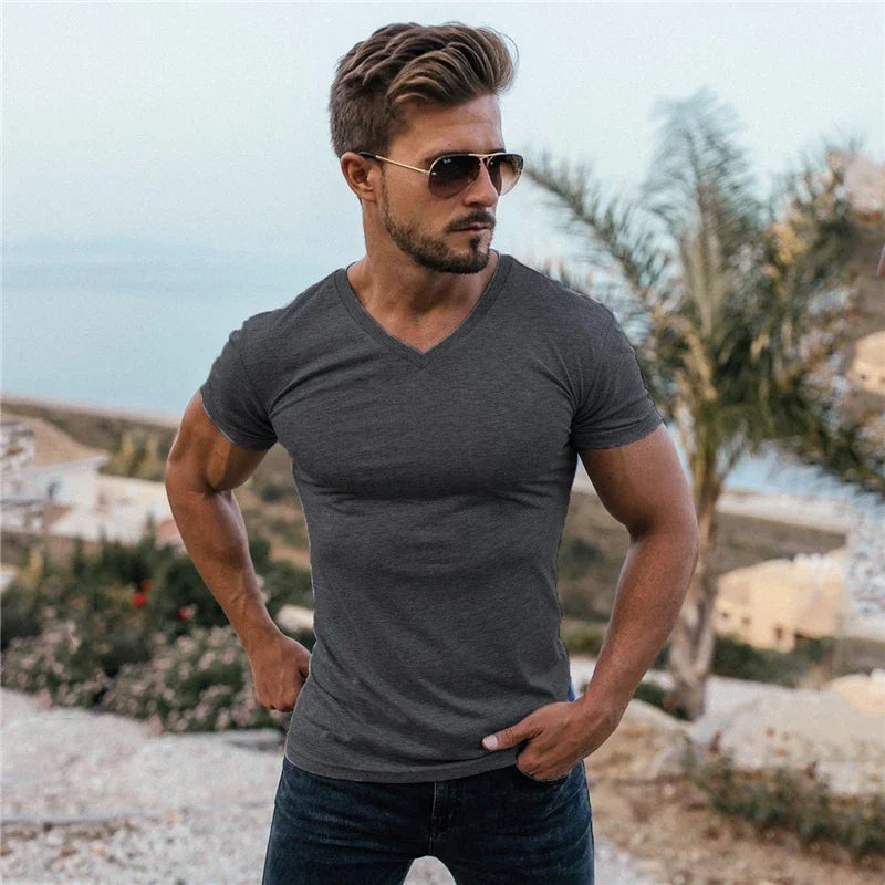 Men Fashion V Neck Short Sleeve Fitness Workout Summer Breathable Cotton