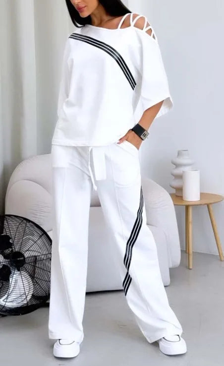 Women's White Sports Shirt+casual Pants Cotton