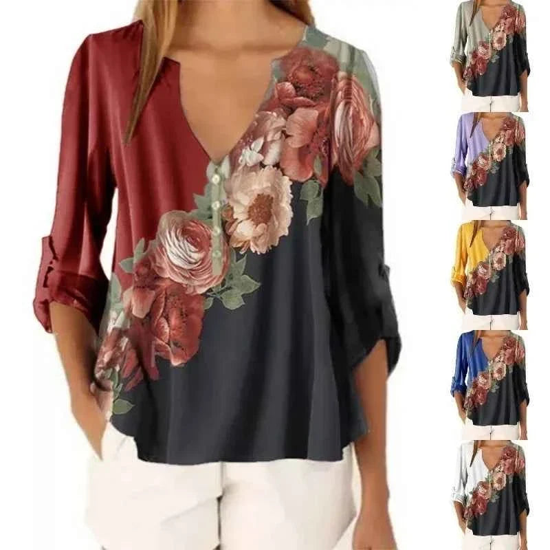 Summer Floral V-Neck 3/4 Sleeve Loose T-Shirt