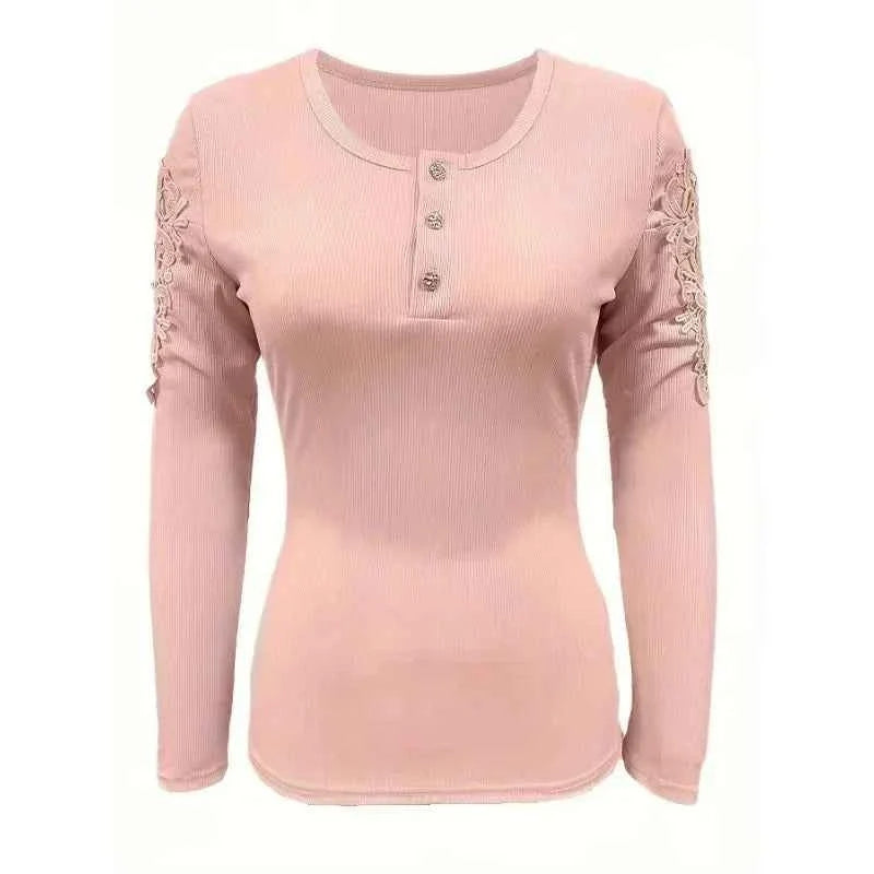 Round Neck Button Slim Fit Long Sleeve T-shirt