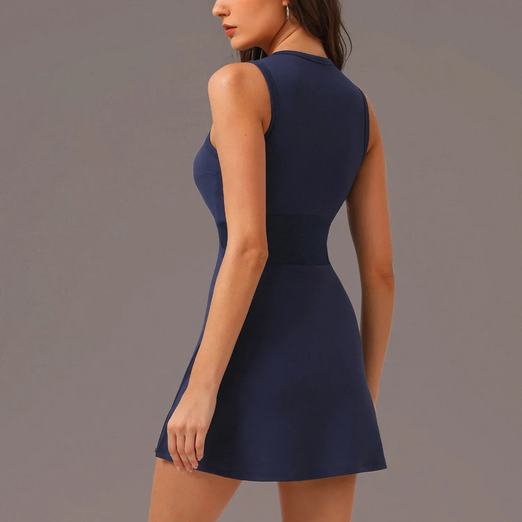 Active Zipper Tennis Dress with Shorts & Padded Support