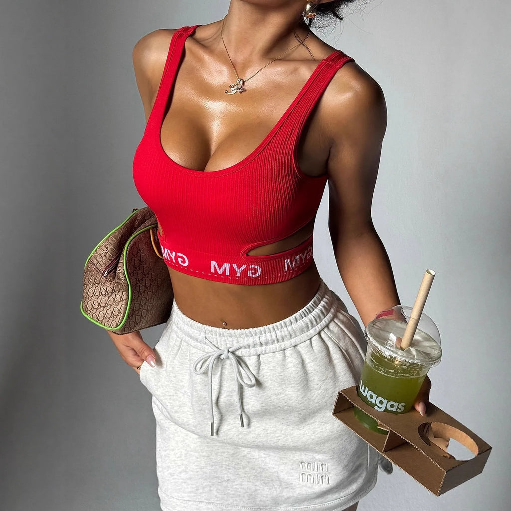 Red Ribbed U-Neck Sports Bra for Women