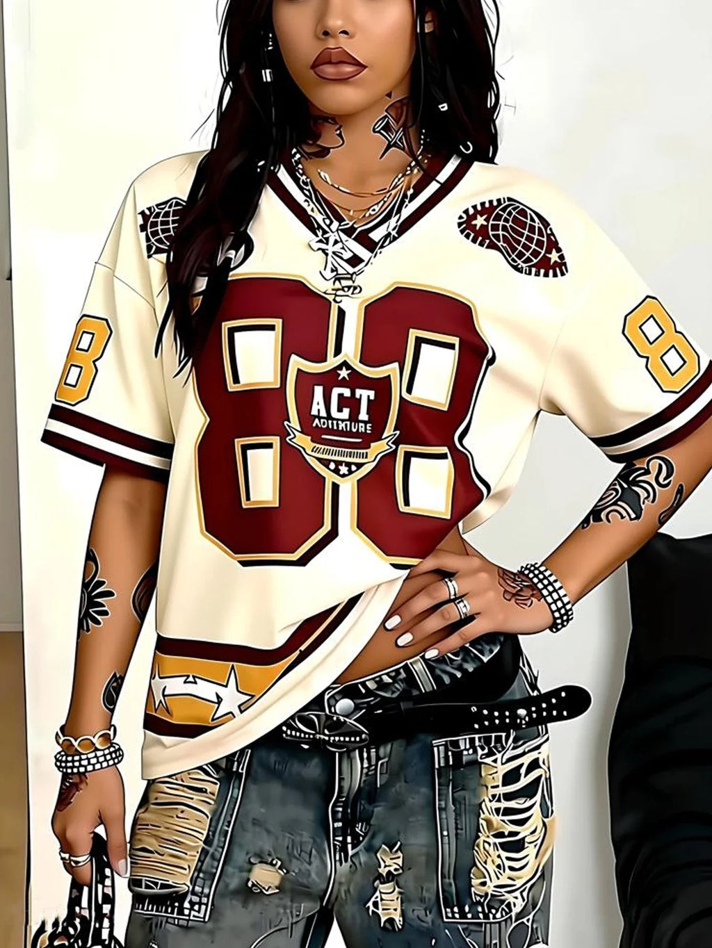 Plus Size V-Neck Digital Print T-Shirt