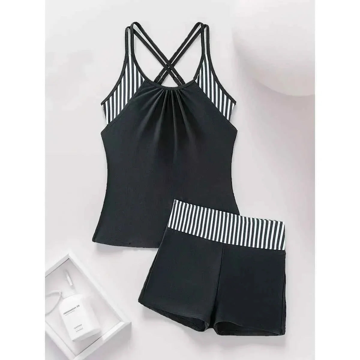Women's Striped Cross-Back Tankini Set