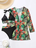 3-Piece Halter Bikini Set with Kimono Cover-Up