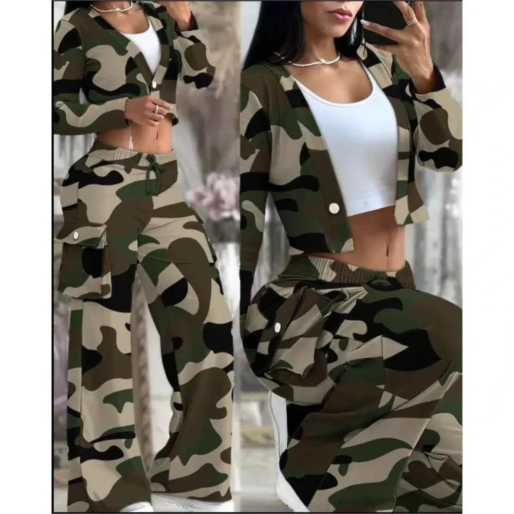Camo Button Crop Top & Pants Tracksuit Set