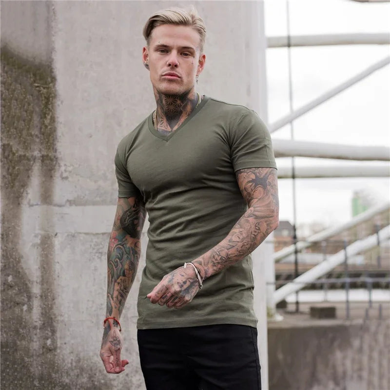 Men Fashion V Neck Short Sleeve Fitness Workout Summer Breathable Cotton