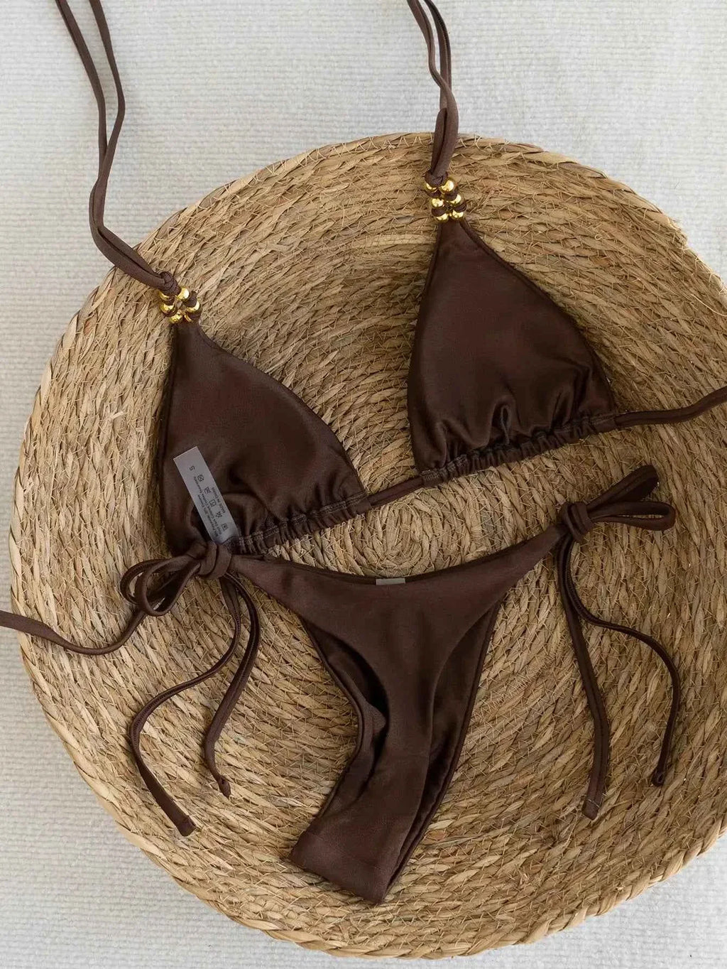 Brown Beaded Triangle Bikini Swimsuit Set