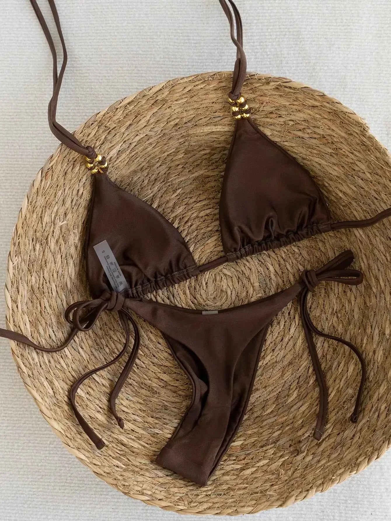 Brown Beaded Triangle Bikini Swimsuit Set