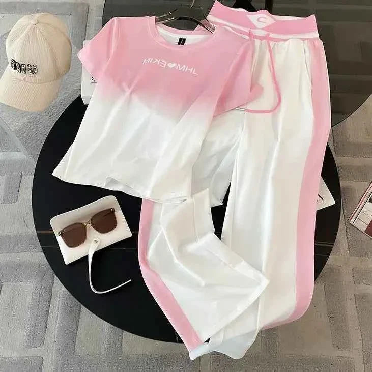 Gradient Short Sleeve & Wide Leg Pants Set