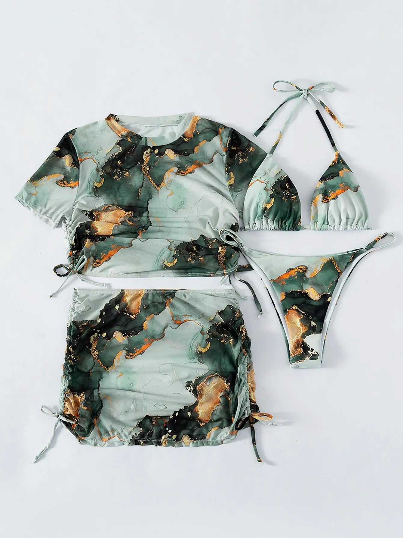Marble Print 4-Piece Halter Bikini Set