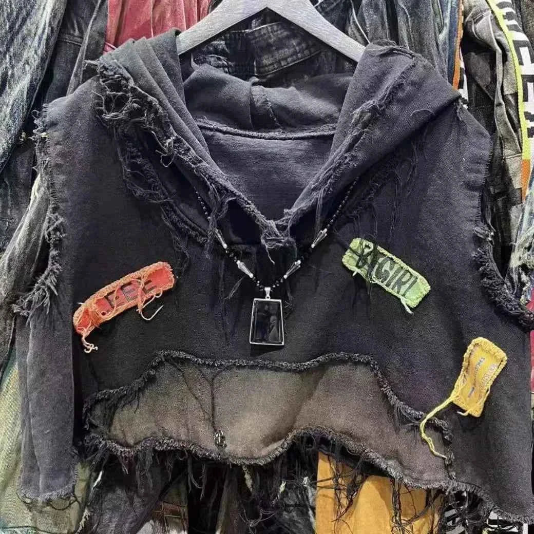 Retro Washed Hooded Denim Vest
