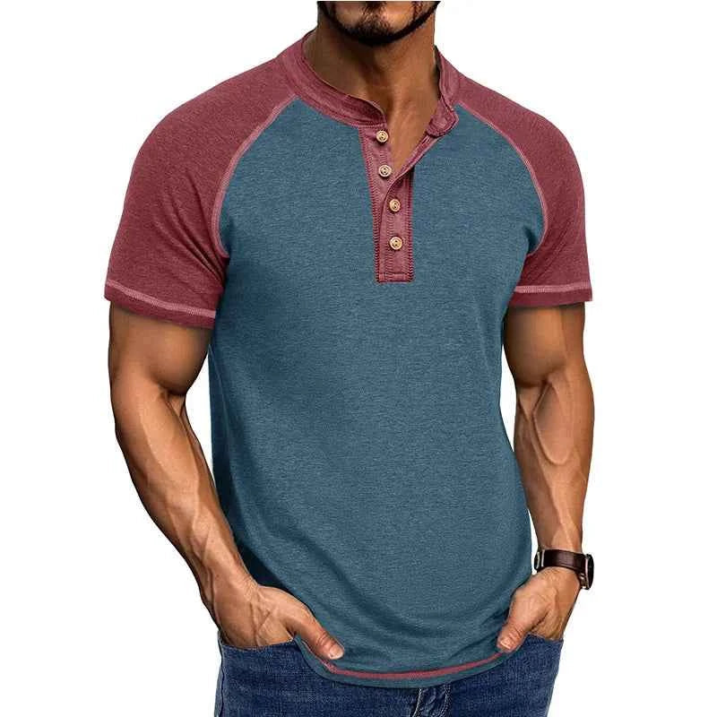 Men's Retro Patchwork Stand Collar T-Shirt
