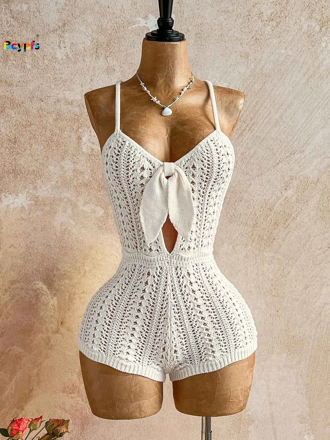 Boho Crochet Romper: White, Front Tie, Backless