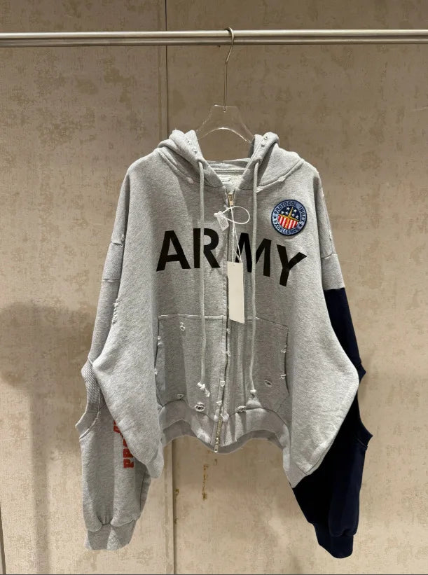 Patchwork Army Vintage Damaged Hoodie
