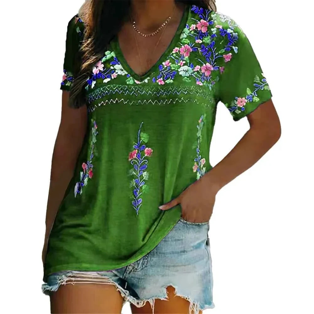 Bohemian V-Neck Short Sleeve T-Shirt
