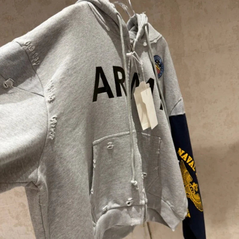 Patchwork Army Vintage Damaged Hoodie