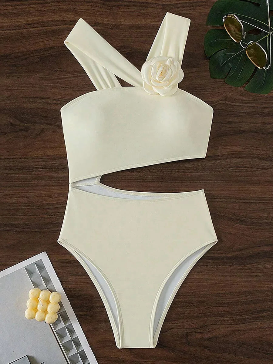 3D Floral Cutout Asymmetrical One-Piece Swimsuit