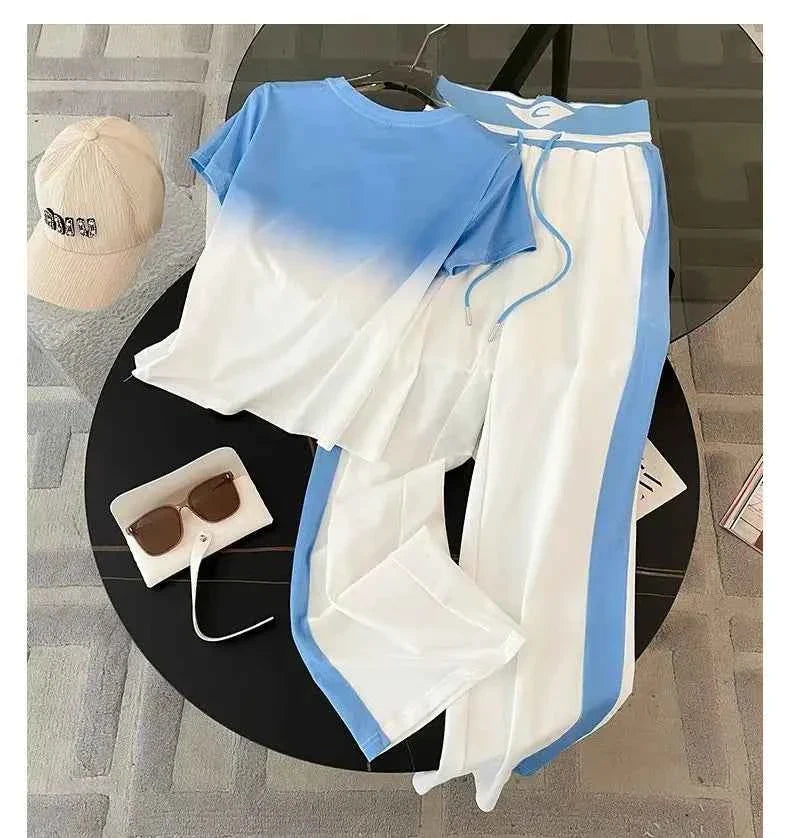Gradient Short Sleeve & Wide Leg Pants Set
