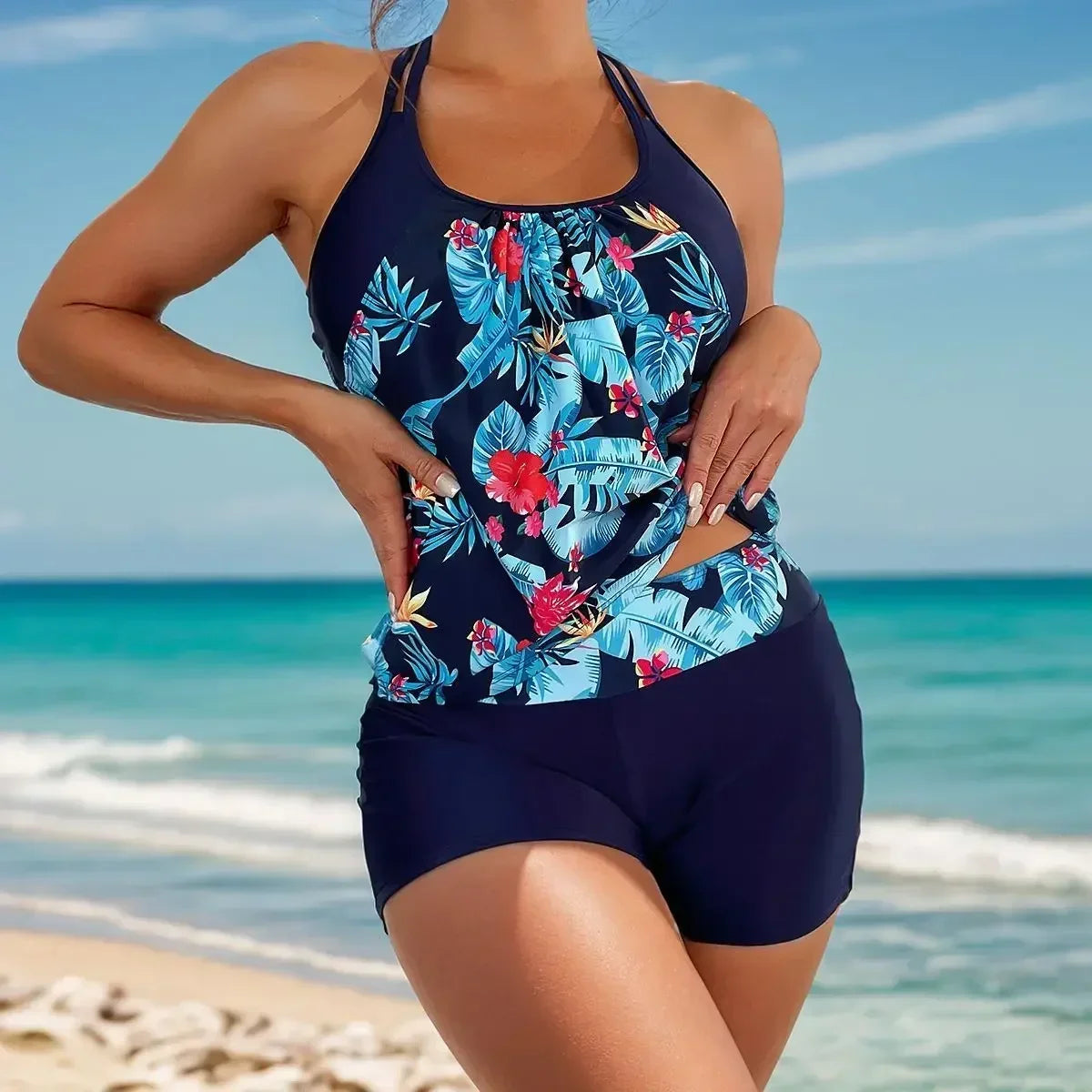 Women's Striped Cross-Back Tankini Set