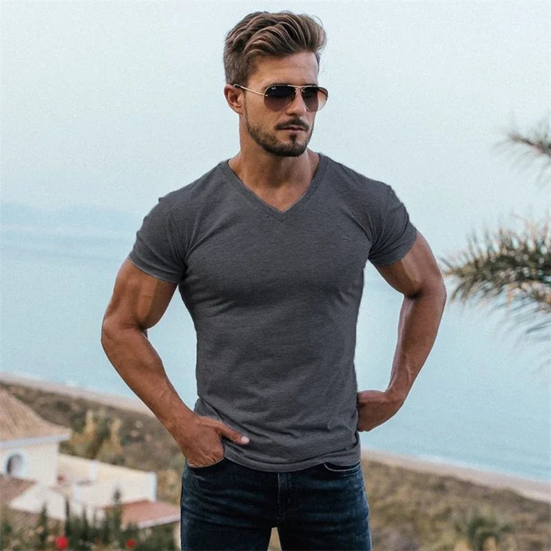 Men Fashion V Neck Short Sleeve Fitness Workout Summer Breathable Cotton
