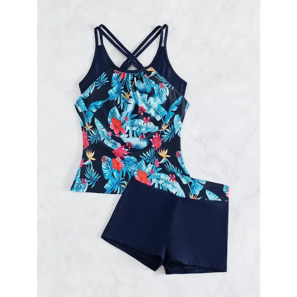 Women's Striped Cross-Back Tankini Set